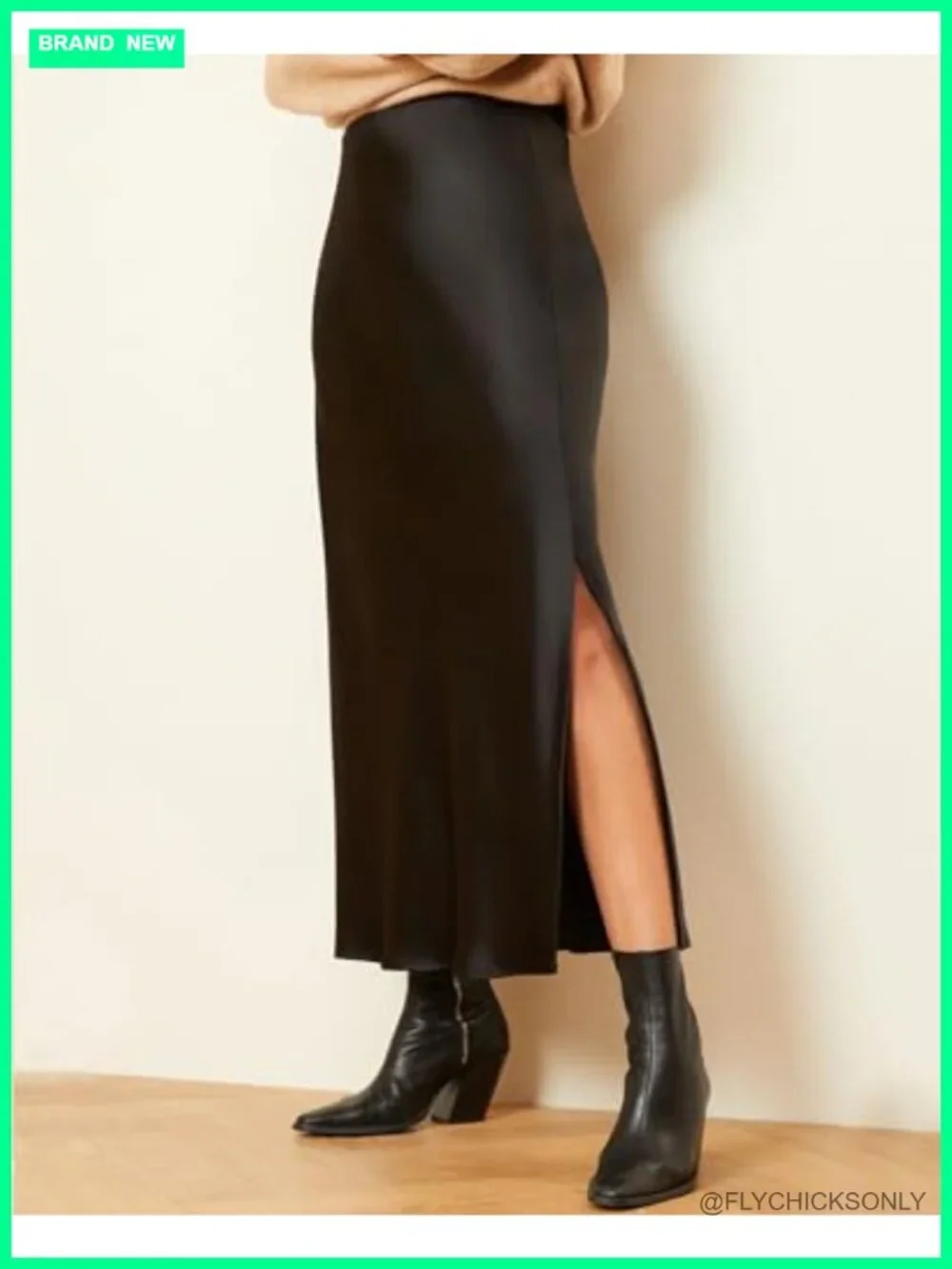 Satin High Waisted Side Split Maxi Skirt Elastic Waistband A-Line